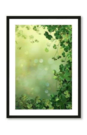 vertical banner, St. Patrick's Day, scattering of clover leaves, light abstract green background, bokeh effect, shine and radiance, copy space, free space for text