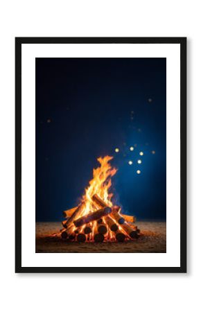 A burning bonfire on a dark blue background at night for Happy Lohri holiday or Punjabi festival. Traditional Indian festival. Backdrop for Bonfire Night festivities banner or poster with copy space.