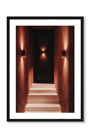 modern interior space featuring staircase with dark walls and warm lighting, creating cozy and inviting atmosphere. design emphasizes simplicity and elegance