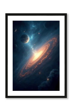 A space scene with a large, glowing, orange planet in the center. The planet is surrounded by a ring of stars and planets. The scene is filled with a sense of wonder and awe