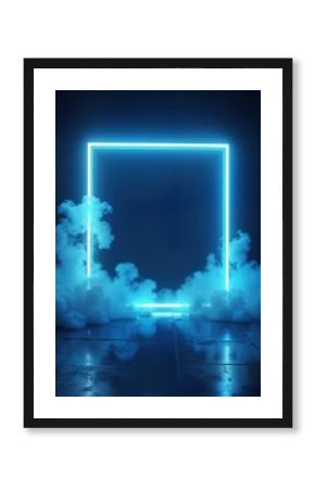 Empty space with glowing blue neon frame. Smoky blue background on polished concrete floor. Modern design. Futuristic, vibrant aesthetic. Suitable for nightclub, stage, tech presentations.