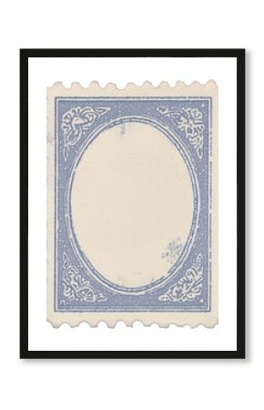 Postage stamp vintage beige and blue vertical empty space oval old blue ink weathered design postage stamp with copy space