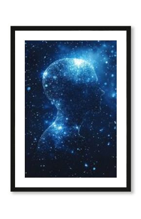 Luminous silhouette of a person made of stars, cosmic tones of blue and white, space like background