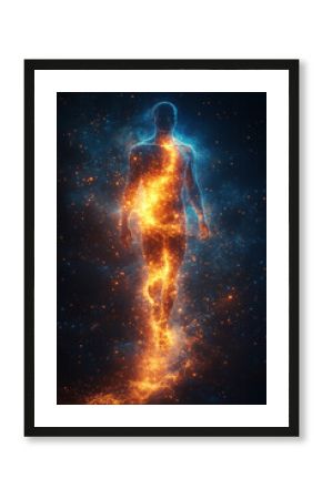 A glowing human silhouette with energy waves radiating from the stomach area,