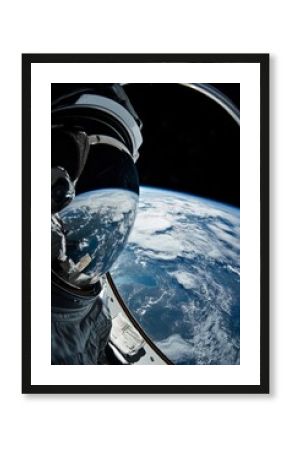 A man in a space suit is looking out the window of a space shuttle