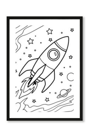 Cute rocket in space outline line art coloring page, Kids coloring book