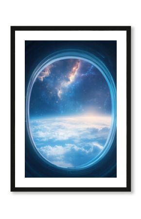 stunning view of space through spacecraft window, showcasing clouds and stars. cosmic colors evoke sense of wonder and exploration