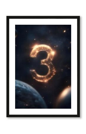 Glowing number three in space.