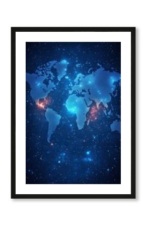 Glowing world map on dark space background.