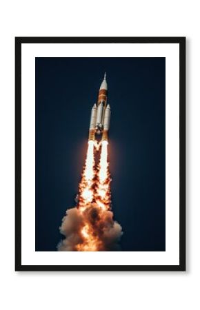 Rocket launch with fiery exhaust against dark blue sky a powerful display of space exploration