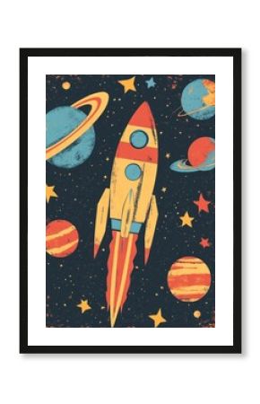 Retro space adventure illustration featuring a rocket planets and stars for cosmic exploration