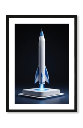 arafed model of a space rocket on a stand with blue lights
