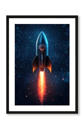 Digital illustration of a rocket ship in outer space. the rocket is in the center of the image, with its body facing towards the right side of the frame.