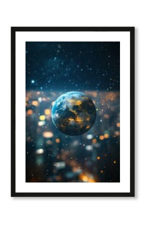 Stunning view of earth in space with glowing city lights in the background and a starry night sky