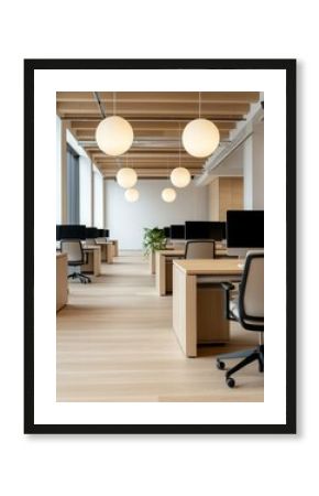Acoustic ceiling sound absorb. A modern, minimalistic office space featuring wooden accents, large windows, and pendant lighting, designed for productivity and collaboration.