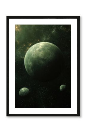 Green planet with two moons in starry space