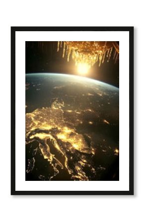 Golden Crystal Chandelier Illuminates Earth's Night Lights from Space, a Digital Art Illustration