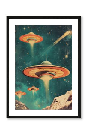 Retro space alien flying saucers zooming through outer space 1960s campy fun color tv show kids cartoon storybook vintage illustration style 