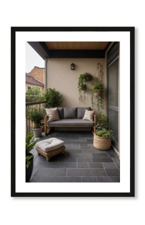 A cozy balcony space with furniture and decorative plants