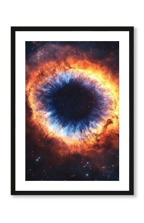 Nebula in space, glowing with orange and blue flames, the eye surrounded by nebulae, stars shining around it.