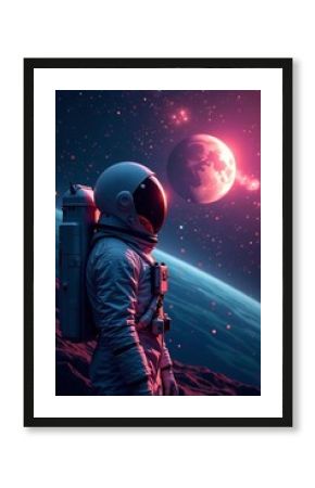 Astronaut in space suit with reflective helmet and visor gazing at planet and stars, stars, exploration