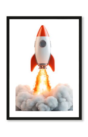 Realistic 3D rendering of a rocket ship blasting off with dramatic fiery exhaust and thick smoke isolated on transparent background representing space exploration technology and innovation 