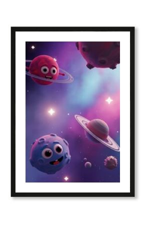Colorful cartoon planets and moons in a whimsical outer space scene