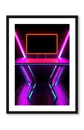 Futuristic Gaming Desk with Neon Lights and Empty Screen Display