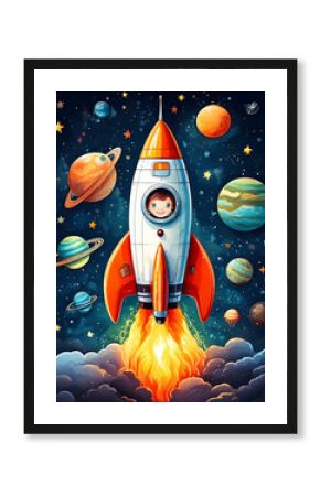 Cartoon rocket ship, planets, astronaut, and stars in a cheerful space theme for kids background