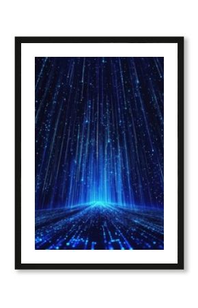 Futuristic digital space with falling blue light streaks and glowing particles creating immersive technology background and virtual reality experience