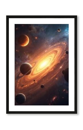 Spectacular view of the solar system galaxy with bright stars and planets, nebulae, cosmic dust. Deep space background with vibrant colors. Amazing cosmic landscape illustration.