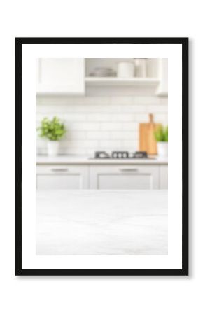 Bright, minimalist kitchen backdrop with a pristine white countertop in the foreground