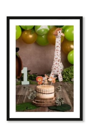 Fantastic safari themed birthday. Birthday ideas for kids. Animal party. Birthday celebration. Baby's first year. Vertical photo. First year photoshoot.