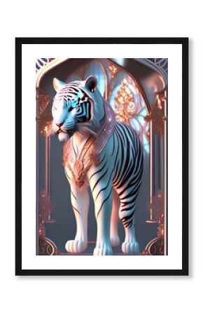 highly decorated white tiger, transparent white jade and rose gold, rose gold color, aquamarine eyes - generative ai