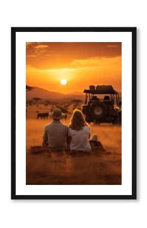 couple sitting on the floor Grass and a jeep in the grass field with wild animals in the background, the sunset