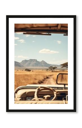 This immersive view from within a safari vehicle highlights the steering wheel and dashboard, with the african landscape ahead