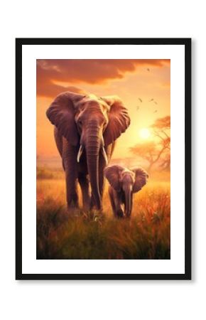 Majestic African Elephants Walking in the Serengeti Grassland at Sunset with Baby Elephant
