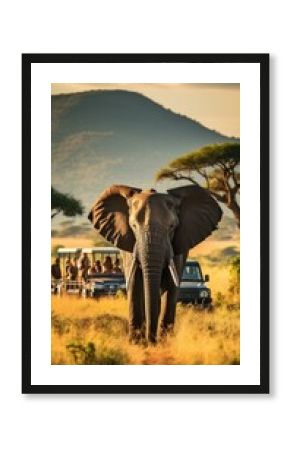 A majestic elephant walks in front of a  jeep. Generative AI.