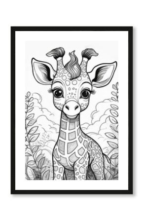 Children's coloring book page of a cute baby giraffe