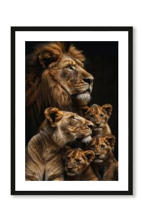 A majestic lion family, including the father and mother with their cubs, sitting together on an AI-generated African savannah at sunset