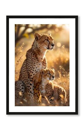 Cute nature scene of a cheetah and is cub on the savannah, touching wildlife conervation image, 