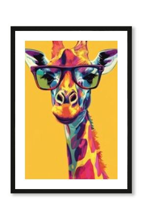 Colorful giraffe wearing glasses posing on yellow background