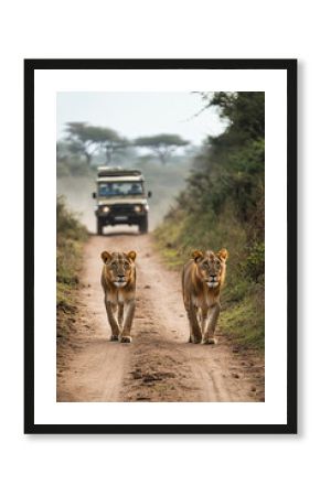 Lions on a safari pathway, two lions strolling down a dusty trail with a safari jeep observing nearby in Kenya