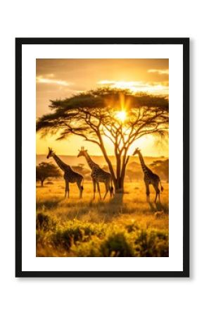 Giraffes in African Savannah at Sunset, Wildlife Photography