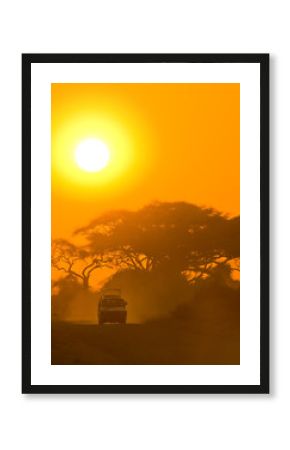 safari jeep driving through savannah in the sunset