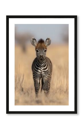Adorable Baby Zebra Standing in Grassy Savannah, Front View Portrait