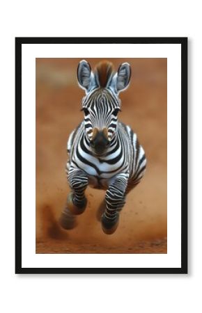 Running Zebra Calf Portrait in African Savanna Dust Cloud