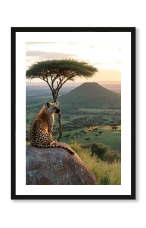 Hyena Sits on Rock Overlooking African Savanna at Sunset