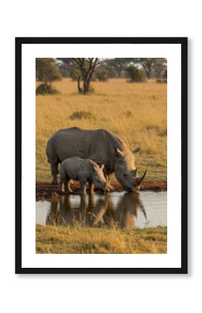 Rhino with Calf Drinking Water in African Savannah