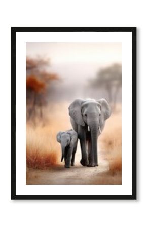 Elephant mom protecting her baby while walking in the savannah